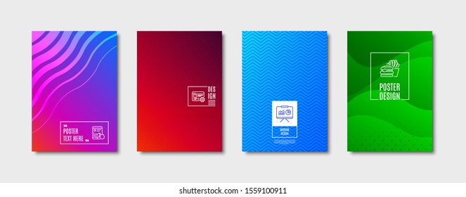 Presentation sign. Poster design, cover template. Burger, Internet report and Web settings line icons set. Cheeseburger, Web tutorial, Engineering tool. Board with charts. Business set. Vector