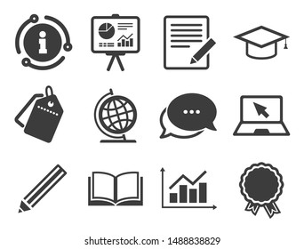 Presentation signs. Discount offer tag, chat, info icon. Education and study icon. Report, analysis and award medal symbols. Classic style signs set. Vector