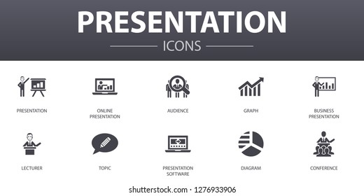 presentation simple concept icons set. Contains such icons as lecturer, topic, business presentation, diagram and more, can be used for web, logo, UI/UX