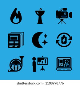 presentation, sink, fire, video camera, newspaper, laptop, battery, night and french horn vector icon. Simple icons set