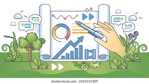 Presentation skills and ability to share and explain information outline hands concept. Effective and professional public speaking with business data presentation for audience vector illustration.