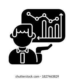 Presentation skills black glyph icon. Business analytics, financial report, project development silhouette symbol on white space. Professional report, soft skills. Vector isolated illustration