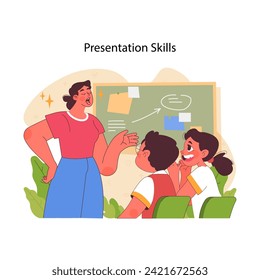 Presentation skills concept. Confident speaker engaging audience with clear and impactful communication, set against blackboard of well-prepared visual aid. Flat vector illustration