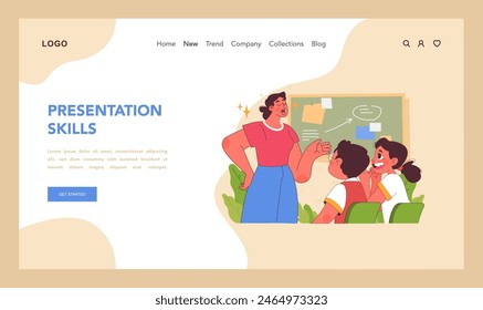 Presentation skills concept. Confident speaker engaging audience with clear and impactful communication, set against blackboard of well-prepared visual aid. Flat vector illustration