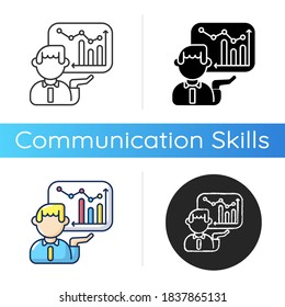 Presentation skills icon. Linear black and RGB color styles. Business analytics, financial report, project development. Professional report, soft skills. Isolated vector illustrations