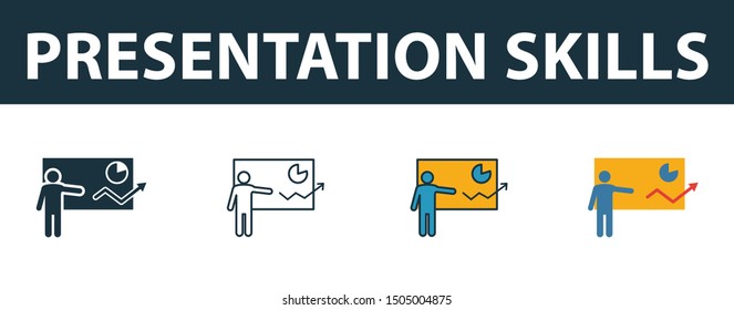 Presentation Skills icon set. Four elements in diferent styles from soft skills icons collection. Creative presentation skills icons filled, outline, colored and flat symbols.