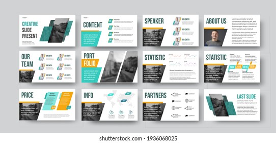 Presentation slide for annual report in green, orange color with geometric illustration. Vector infographics for business concept, informative booklet with design. Data analytics docs set