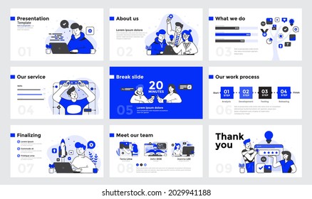 Presentation and slide design template with business people in flat line design style. Can be used for business annual report, flyer, marketing, leaflet, advertising, brochure, modern style. Vector