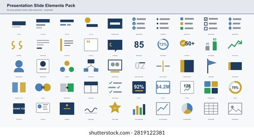 Presentation slide element pack featuring title blocks, agenda lists, quote frames, stat highlights, team grids, section dividers and KPI cards.