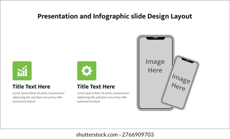 Presentation slide with green icons, text sections, and two smartphone image placeholders, ideal for technology or mobile apps.