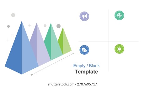 Presentation slide with an infographic featuring pyramid charts demonstrating growth and a quadrant diagram with icons for marketing, finance, ideas, and objectives on a white background.
