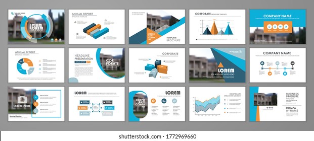 Presentation slide layout background.  Blue and orange design brochure template. Use in presentation, flyer, leaflet, banner, corporate report, annual report, marketing, advertising.