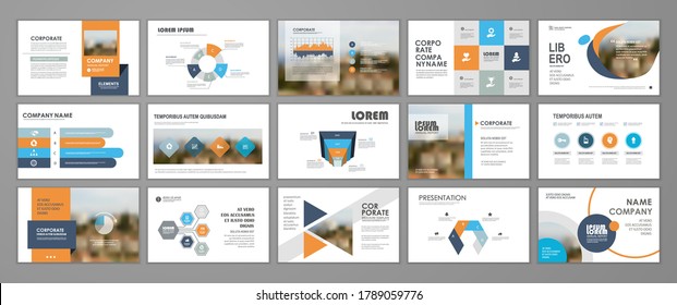 Presentation slide layout background.  Blue and orange design brochure template. Use in presentation, flyer, leaflet, banner, corporate report, annual report, marketing, advertising.
