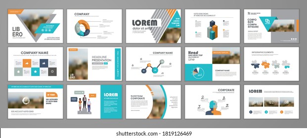 Presentation slide layout background.  Blue and orange design brochure template. Use in presentation, flyer, leaflet, banner, corporate report, annual report, marketing, advertising.