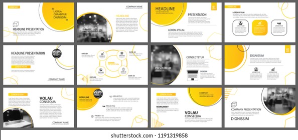 Apresentação e plano de fundo do layout do slide. Modelo de círculo de gradiente amarelo e laranja. Use para relatório anual de negócios, folheto, marketing, folheto, publicidade, brochura, estilo moderno.