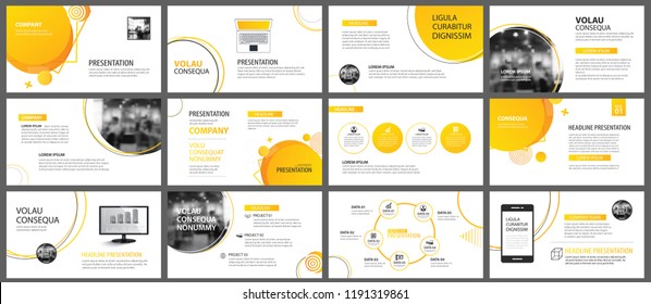 Apresentação e plano de fundo do layout do slide. Modelo de círculo de gradiente amarelo e laranja. Use para relatório anual de negócios, folheto, marketing, folheto, publicidade, brochura, estilo moderno.