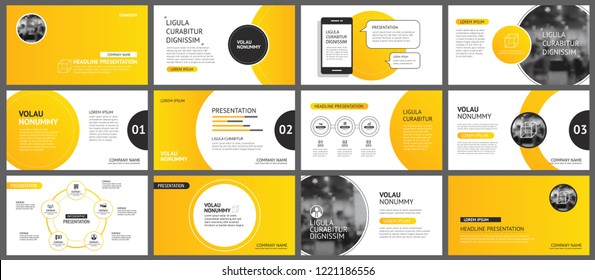 Presentation and slide layout background. Design yellow and orange gradient circle template. Use for business annual report, flyer, keynote, infographic, brochure.
