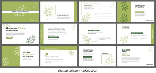 Fondo de presentación y disposición de diapositivas. Diseñar plantilla de hojas verdes. Uso para la nota de apertura, presentación, diapositiva, marketing, folleto, publicidad, plantilla, estilo moderno.