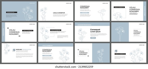 Presentation and slide layout background. Design blue pastel leaves and flower template. Use for keynote, presentation, slide, leaflet, advertising, template.