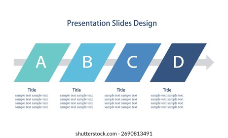 A presentation slide template with infographics showing a timeline of four elements. Vector design for conference materials.