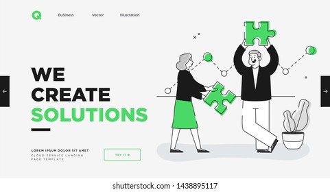 Presentation slide template or landing page website design. Business concept illustrations. Modern flat outline style. Research innovations and solutions