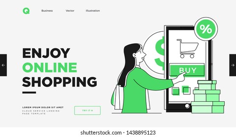 Presentation slide template or landing page website design. Business concept illustrations. Modern flat outline style. Online shopping