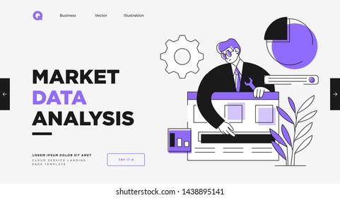 Presentation slide template or landing page website design. Business concept illustrations. Modern flat outline style. Research innovations and solutions