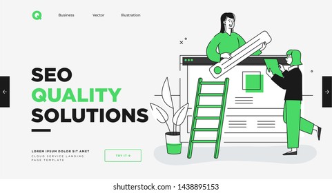 Presentation slide template or landing page website design. Business concept illustrations. Modern flat outline style. Quality SEO service