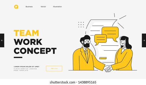 Presentation slide template or landing page website design. Business concept illustrations. Modern flat outline style. Teamwork concept