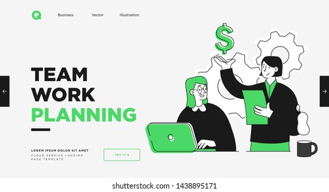 Presentation slide template or landing page website design. Business concept illustrations. Modern flat outline style. Teamwork concept