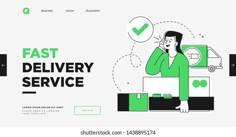 Presentation slide template or landing page website design. Business concept illustrations. Modern flat outline style. Delivery service