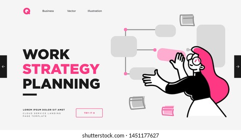 Presentation slide template or landing page website design. Business concept illustrations. Modern flat outline style. Work organization concept