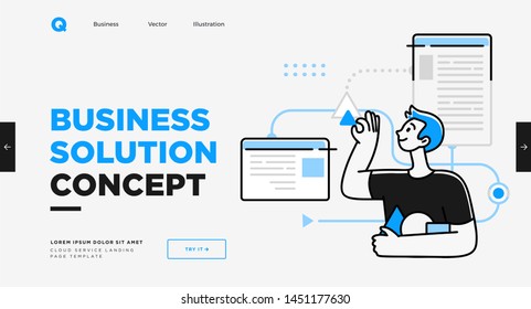 Presentation slide template or landing page website design. Business concept illustrations. Modern flat outline style. Research innovations and solutions