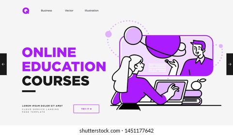 Presentation slide template or landing page website design. Business concept illustrations. Modern flat outline style. Online education courses