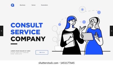 Presentation slide template or landing page website design. Business concept illustrations. Modern flat outline style. Consulting service concept