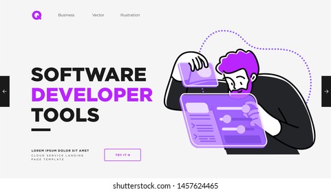 Presentation slide template or landing page website design. Business concept illustrations. Modern flat outline style. Software development tools