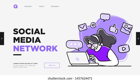 Presentation slide template or landing page website design. Business concept illustrations. Modern flat outline style. Online media