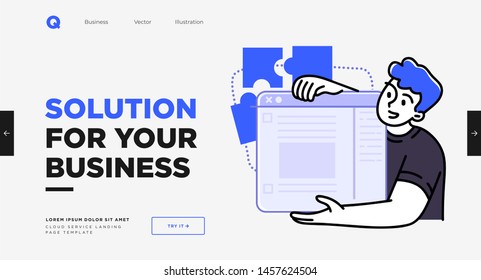 Presentation slide template or landing page website design. Business concept illustrations. Modern flat outline style. Research innovations and solutions