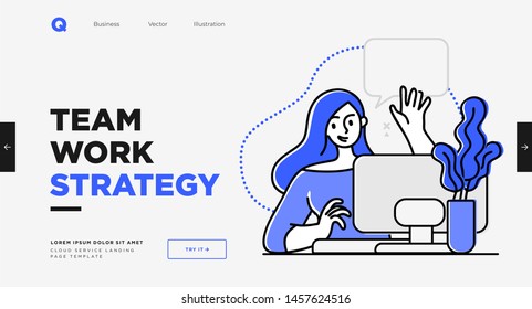 Presentation slide template or landing page website design. Business concept illustrations. Modern flat outline style. Teamwork concept