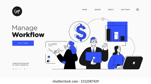 Presentation slide template or landing page website design. Business concept illustrations. Modern flat outline style. Workflow management