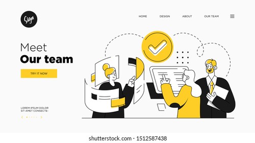 Presentation slide template or landing page website design. Business concept illustrations. Modern flat outline style. Teamwork concept