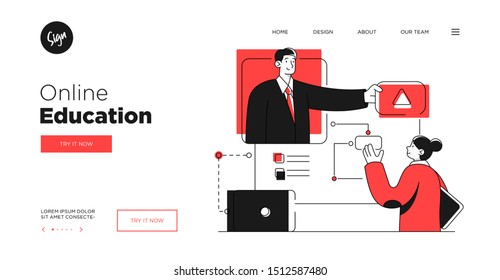 Presentation slide template or landing page website design. Business concept illustrations. Modern flat outline style. Online education courses