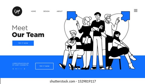Presentation slide template or landing page website design. Business concept illustrations. Modern flat outline style. Teamwork concept