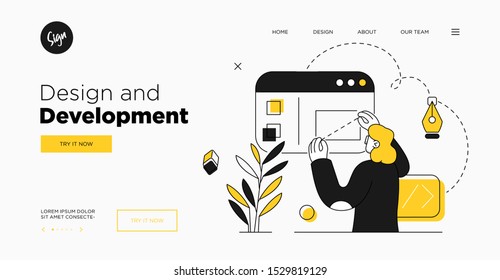 Presentation slide template or landing page website design. Business concept illustrations. Modern flat outline style. Design And Development