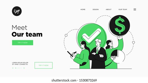 Presentation slide template or landing page website design. Business concept illustrations. Modern flat outline style. Teamwork concept