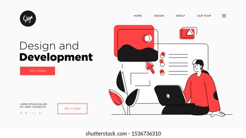 Presentation slide template or landing page website design. Business concept illustrations. Modern flat outline style. Design And Development