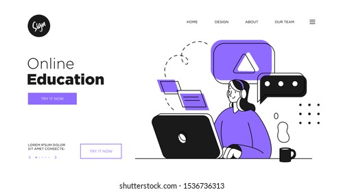Presentation slide template or landing page website design. Business concept illustrations. Modern flat outline style. Online education courses