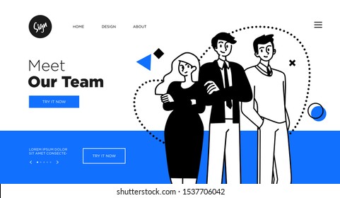 Presentation slide template or landing page website design. Business concept illustrations. Modern flat outline style. Teamwork concept