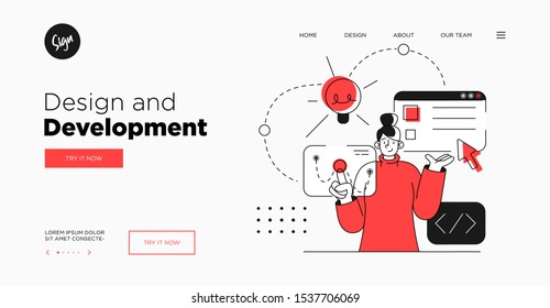 Presentation slide template or landing page website design. Business concept illustrations. Modern flat outline style. Design And Development