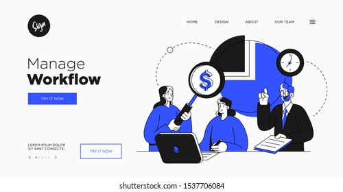 Presentation slide template or landing page website design. Business concept illustrations. Modern flat outline style. Workflow management